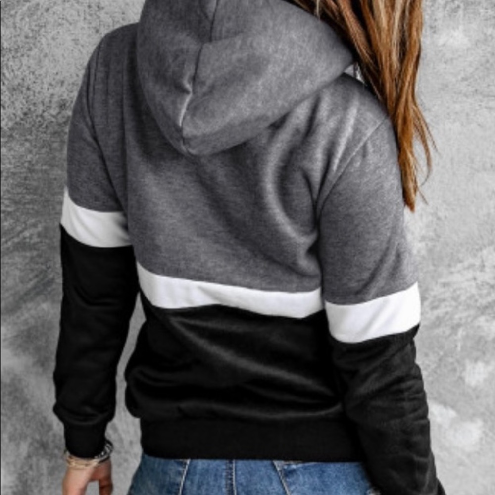 BLACK DRAWSTRING COWL NECK COLOR BLOCK HOODIE - Picture 2 of 5